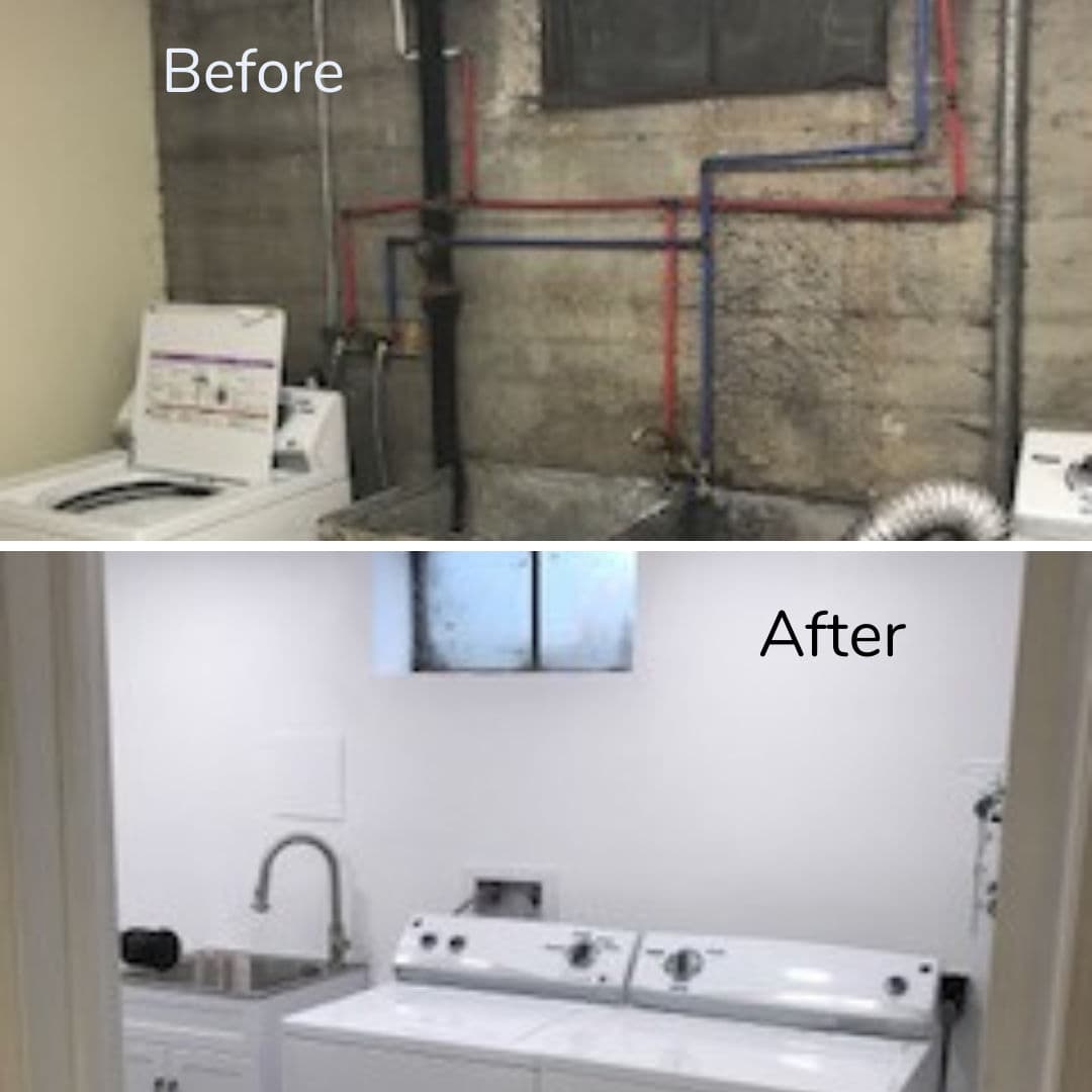 Laundry room transformation: before with exposed pipes, after with updated fixtures and clean design.