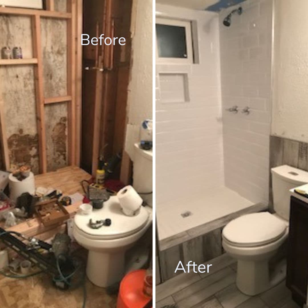Before and after bathroom renovation showing transformation from cluttered to modern space.