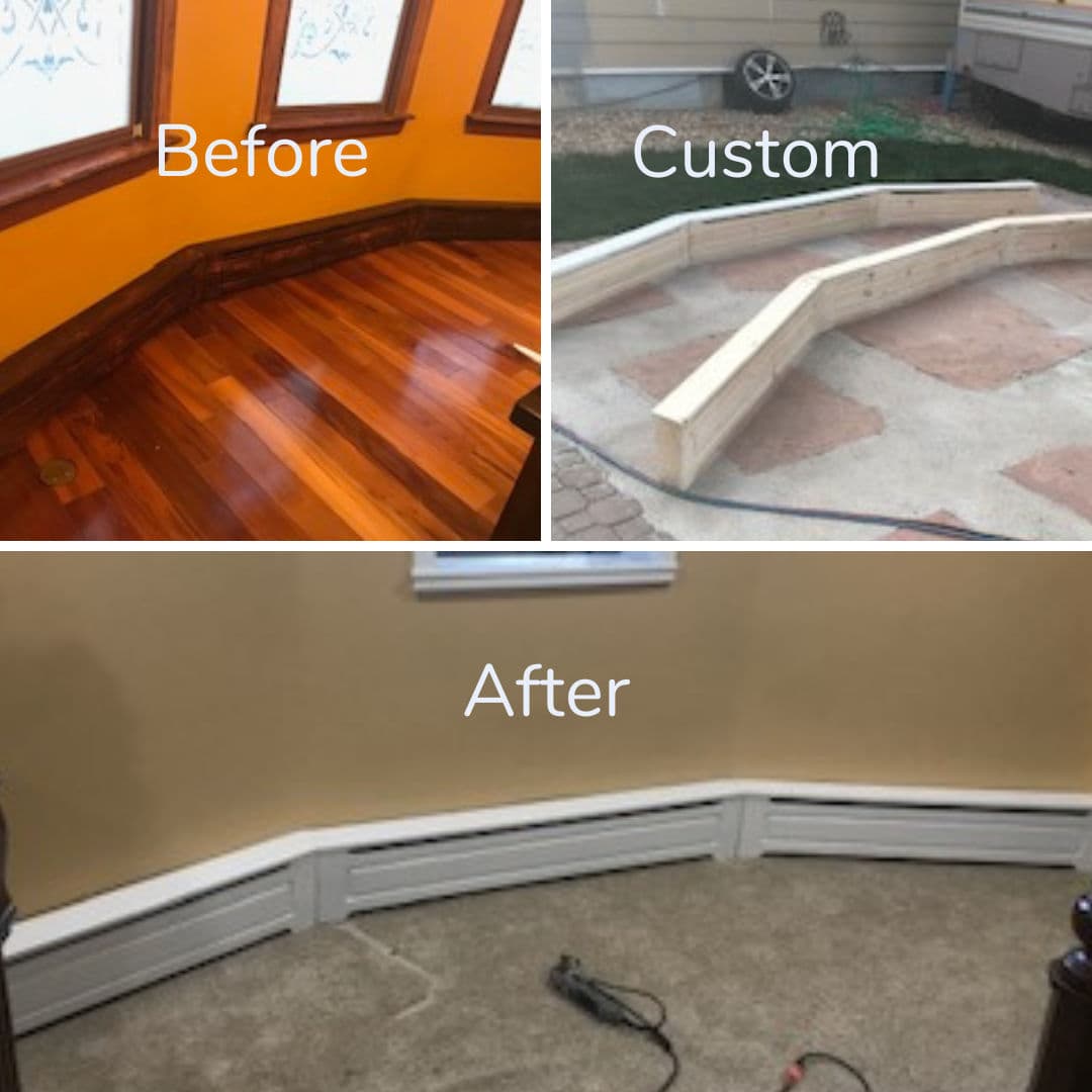 Before and after images of custom baseboard installation showing improved home aesthetics.