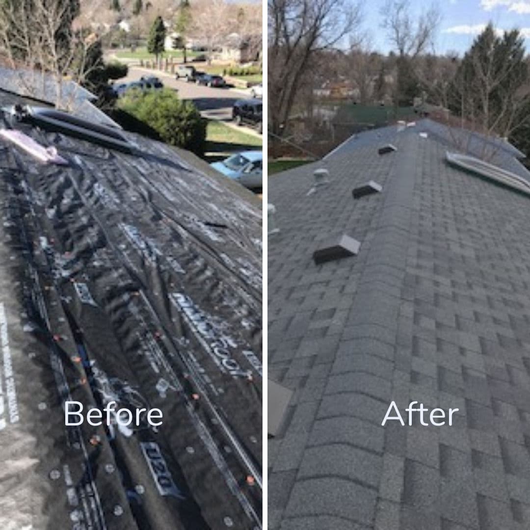 Roof replacement before and after showing new shingles and improved appearance.