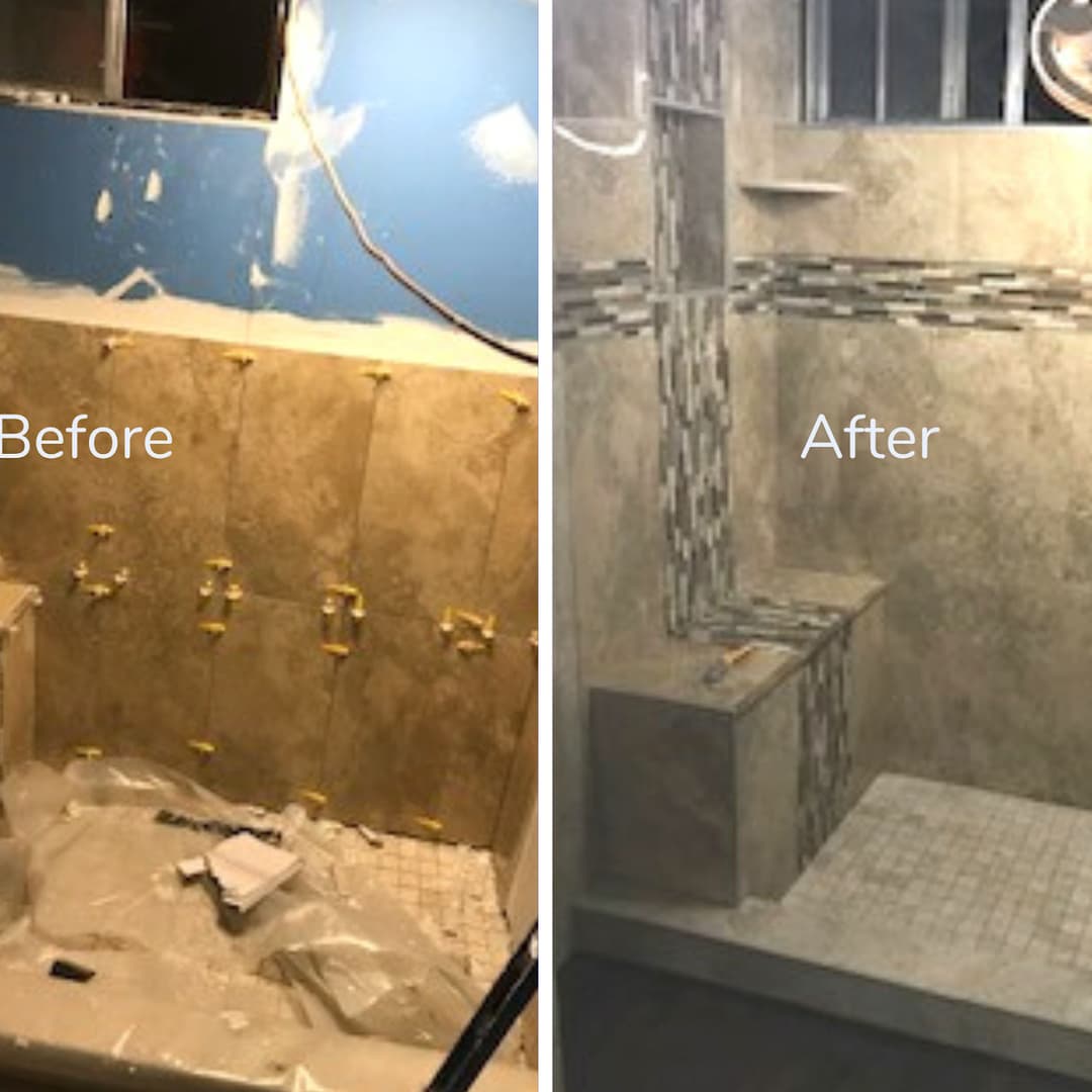 Bathroom renovation before and after showcasing new tile work and shower design.