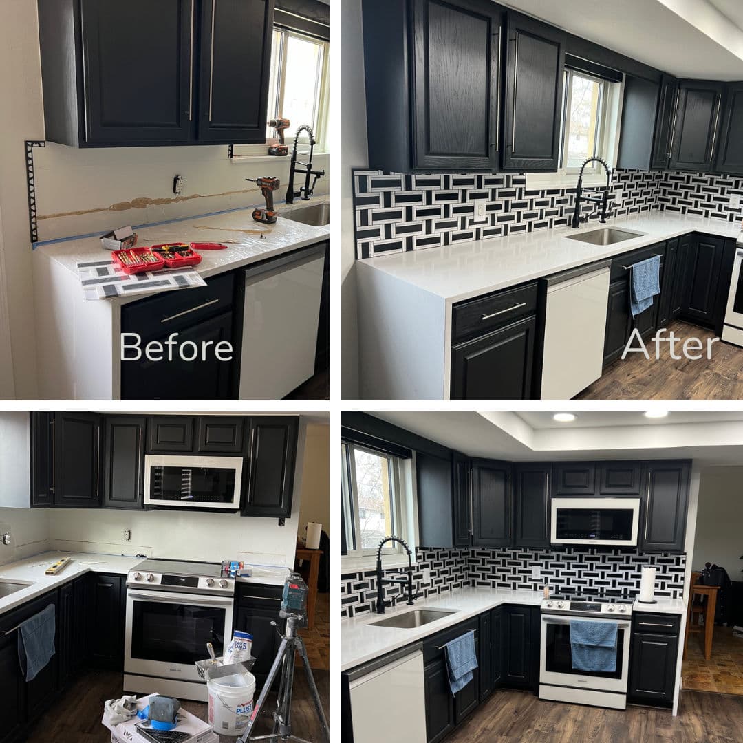 Before and after kitchen renovation showcasing new black cabinets and updated backsplash.
