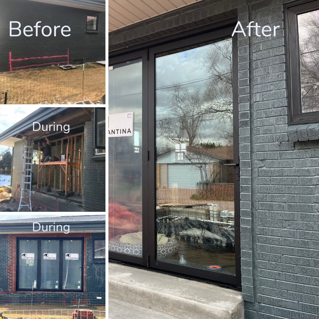 Before and after home renovation showcasing exterior upgrades and new glass doors.