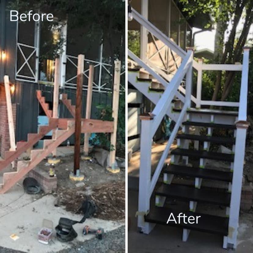 Before and after staircase renovation showcasing improved design and finish.
